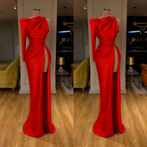 Simple Long Red Mermaid Satin Split Prom Dress With Long Sleeve